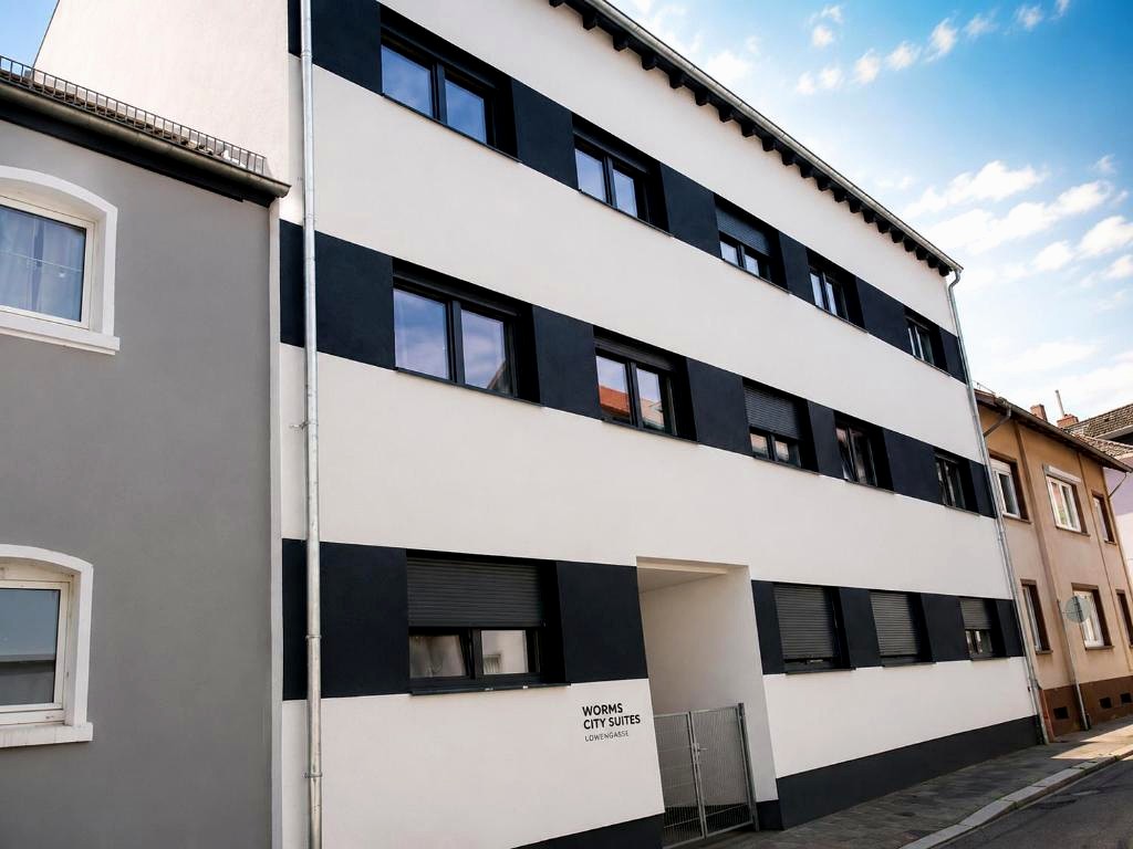 Fassade der Worms City Suites in der Löwengasse — weißes Haus mit schwarzen Fensterbändern
